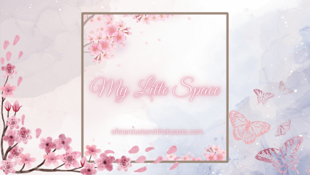 This new blog is my little space written in neon pink, brown frame with pink Sakura blossoms. More blossoms on the left and pink butterflies on the right.