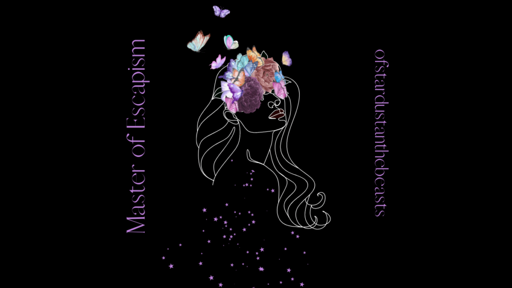 Short Story Master of Escapism Album Art - a girl with stars all over her, flowers covering her eyes and butterflies coming from her head.