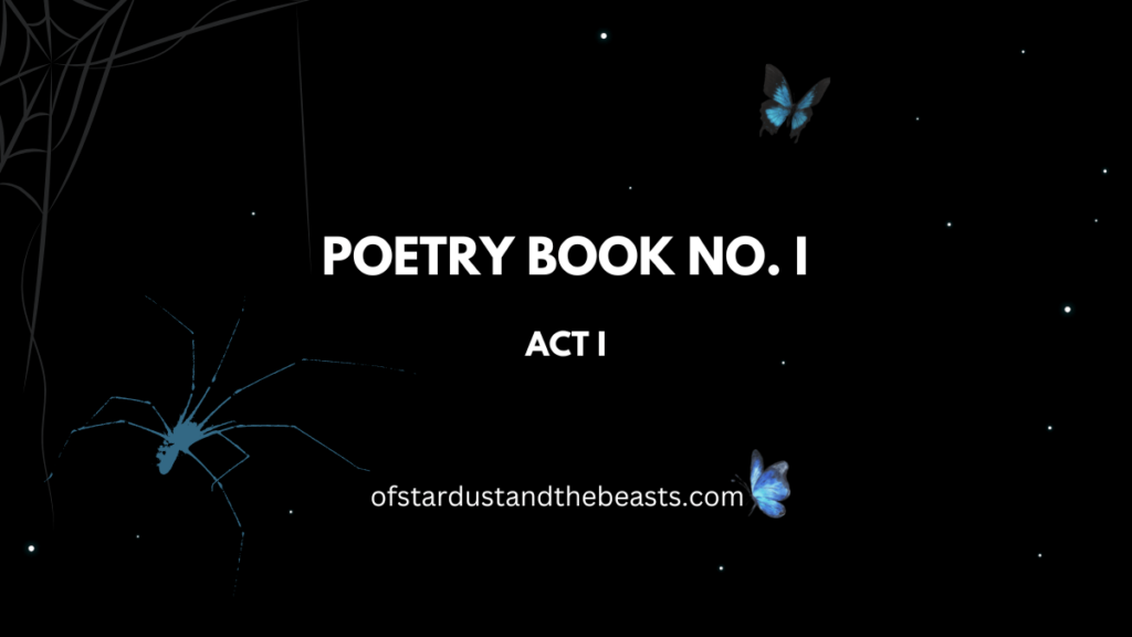 Poetry Book no. I written in white bold lettering with blue butterflies and spiders on cowebs around it.