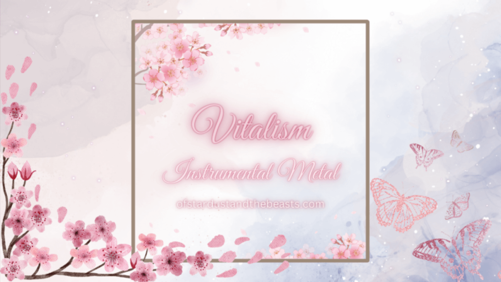 Vitalism in calligraphic neon pink lettering. A brown frame with sakura blossoms and more sakura blossoms on the left corner. Pink butterflies on the right.