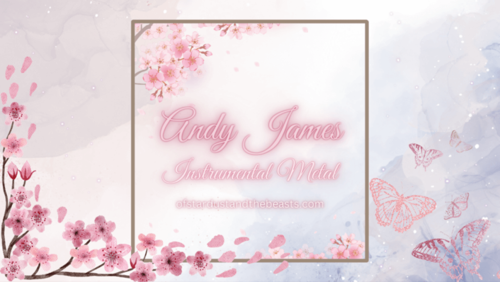 Andy James in calligraphic neon pink lettering. A brown frame with sakura blossoms and more sakura blossoms on the left corner. Pink butterflies on the right.