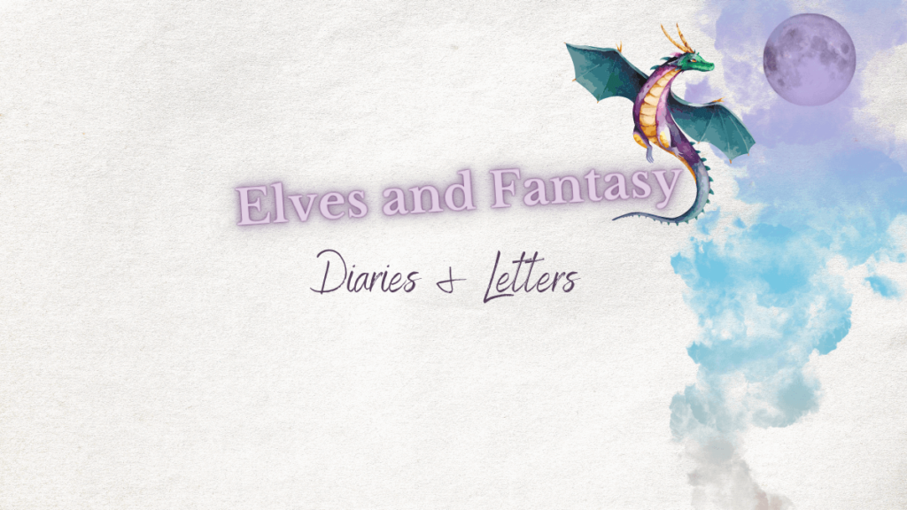 Fantasy Fiction "Elves and Fantasy" in bold purple neon lettering. Diaries and letters under it in calligraphic lettering. A purple and green fragon on the side with a blue and purple smoke over a purple moon.