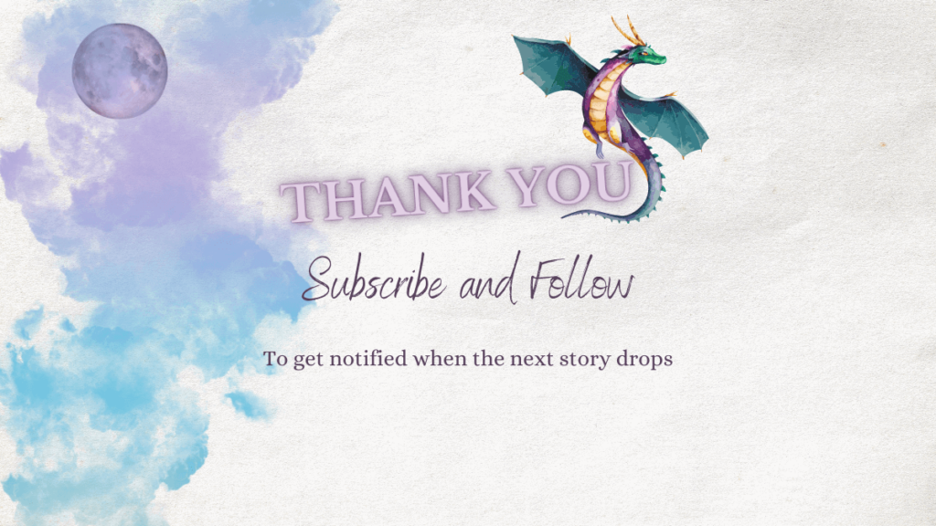 Thank You written in neon lilac with a green and purple dragon on the side. Subscribe and follow below it and blue-purple smoke over purple moon.