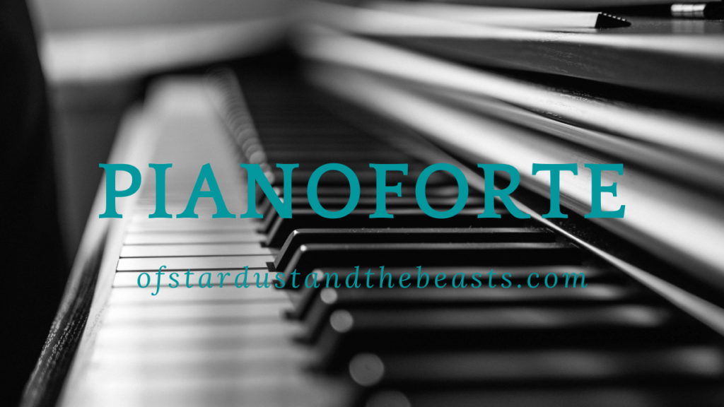 Short Story Pianoforte and blog address written in blue over the keys of a piano. Find my audiobooks on Streaming services like Spotify, iTunes, YouTube and More "of Stardust and the Beasts"