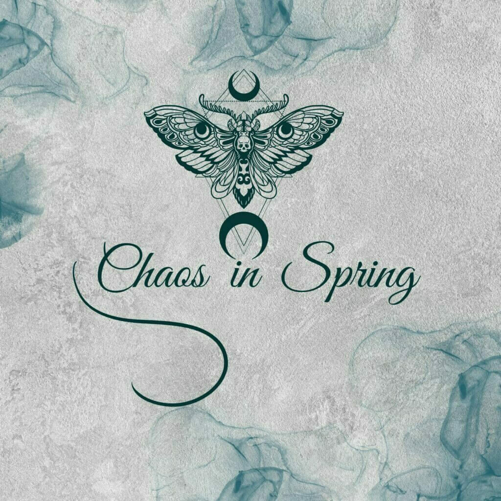 Logo for the band Chaos in Spring featuring an intricate moth design with crescent moons, set against a textured background with swirling teal patterns.