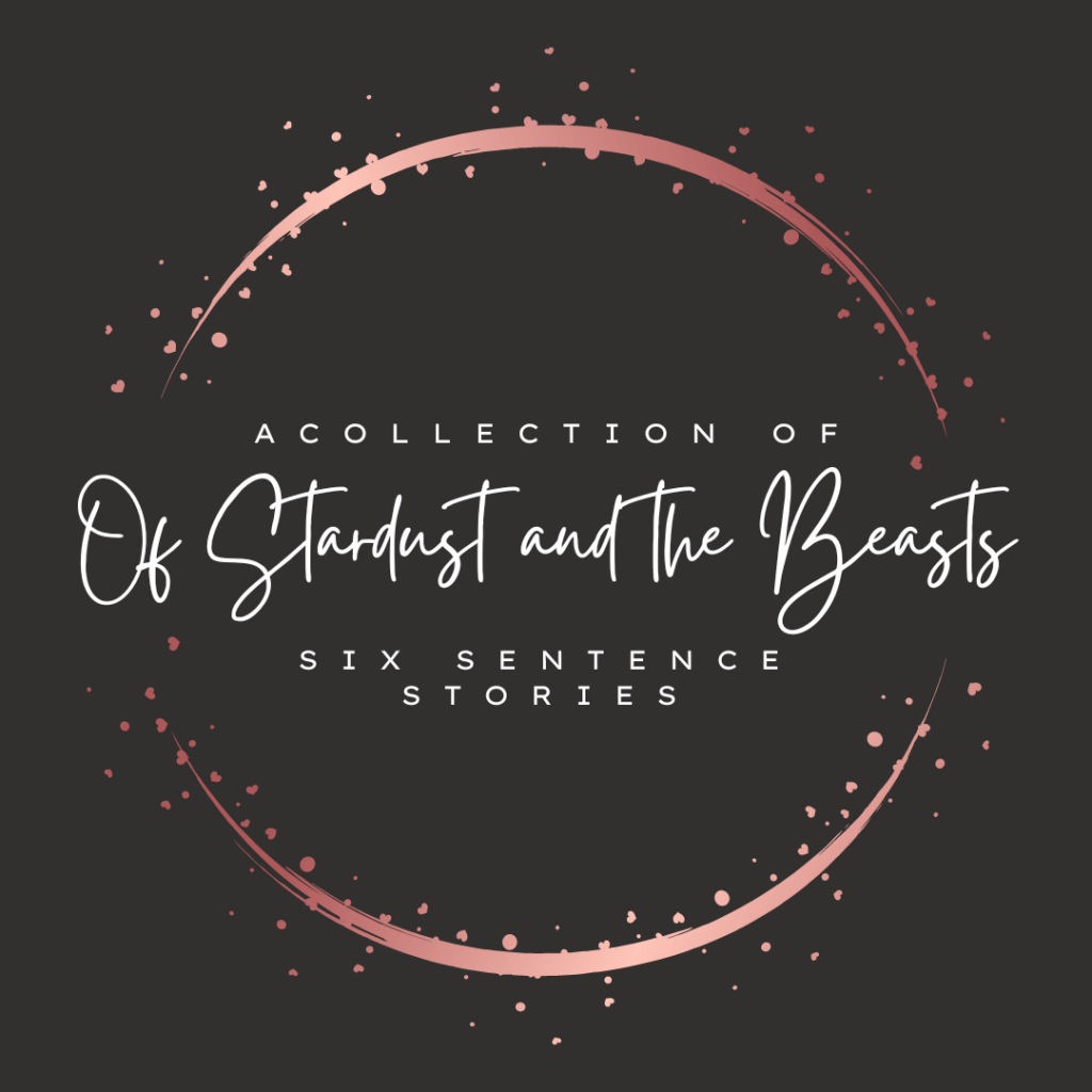 Album Art for the collection Six-Sentence Stories. White calligraphic lettering and a rose circle with hearts around it.