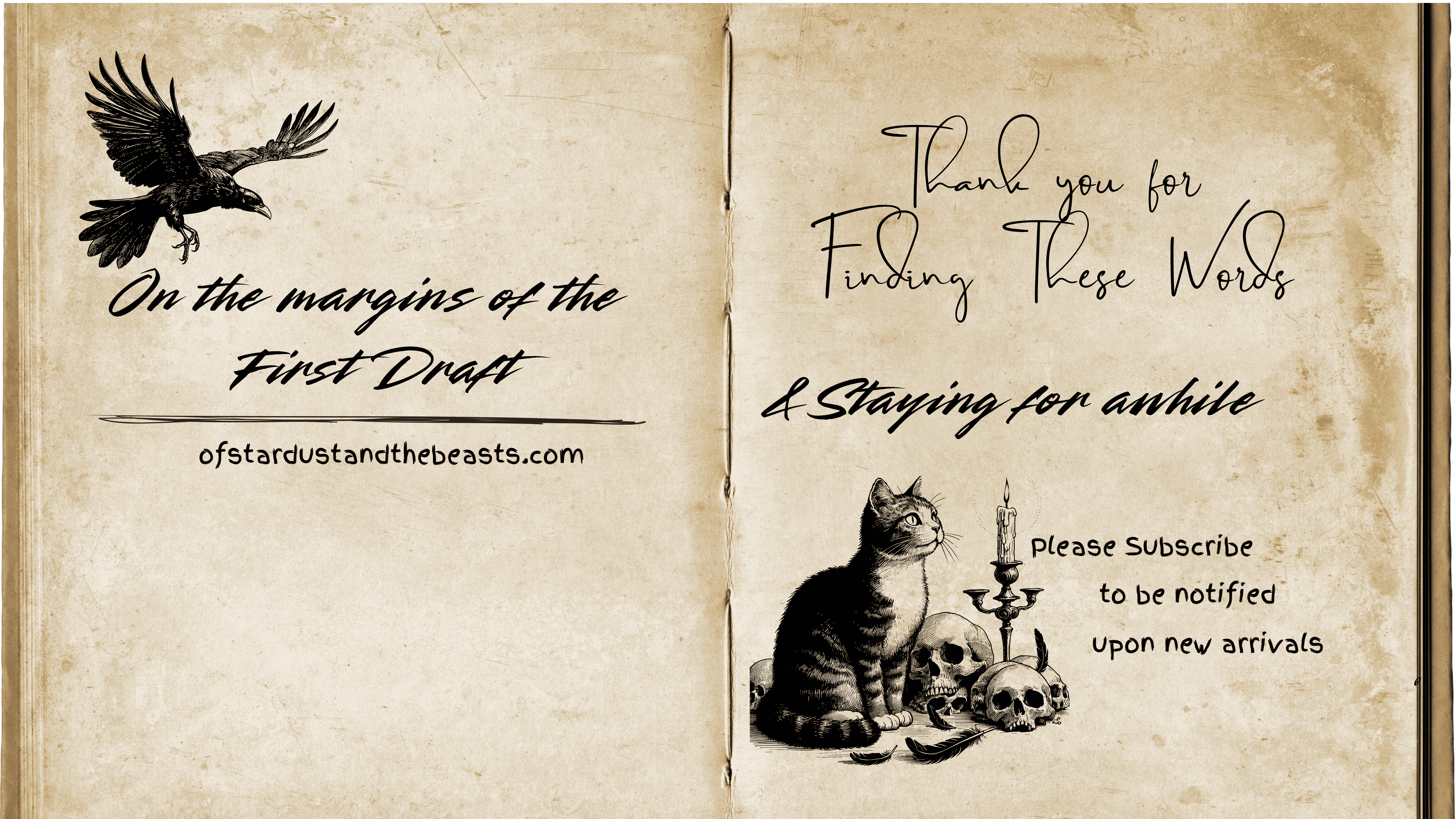A vintage-style open book. The left page reads “On the margins of the First Draft” and features a raven and a cat by a candle and skulls. The right page says “Thank you for finding these words & staying for awhile. Please subscribe to be notified upon new arrivals” in a mix of elegant and handwritten fonts.