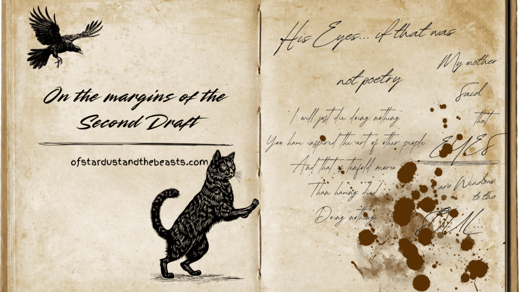 Aged open book with handwritten poetry and ink splatters, titled “On the Margins of the Second Draft,” with illustrations of a raven and a black cat beside poetic notes.