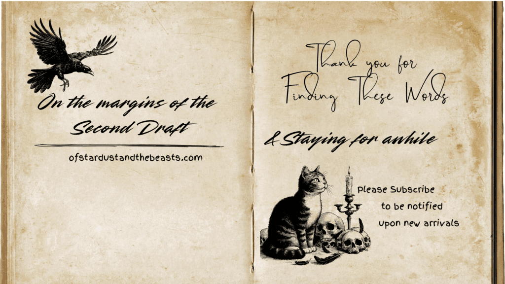 Antique-style open book illustration with poetry theme, showing a black cat, candle, and skulls beside the message “Thank you for finding these words and staying for awhile.”