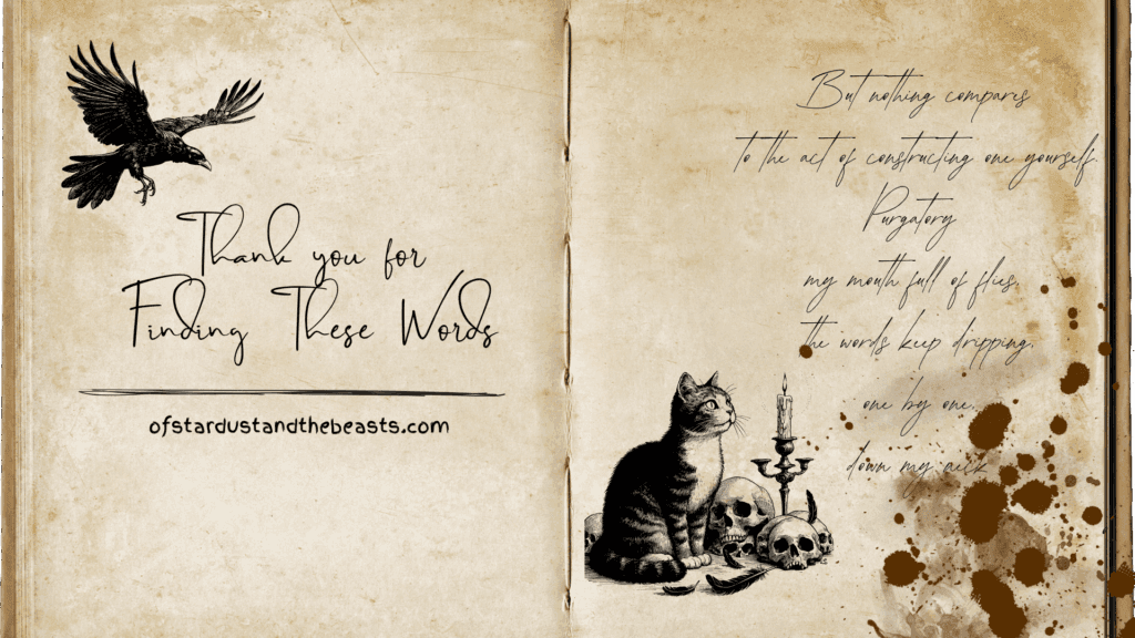 Vintage open book illustration with handwritten poetry, ink splatters, a raven, and a cat beside skulls and a candle, saying thank you for your time.