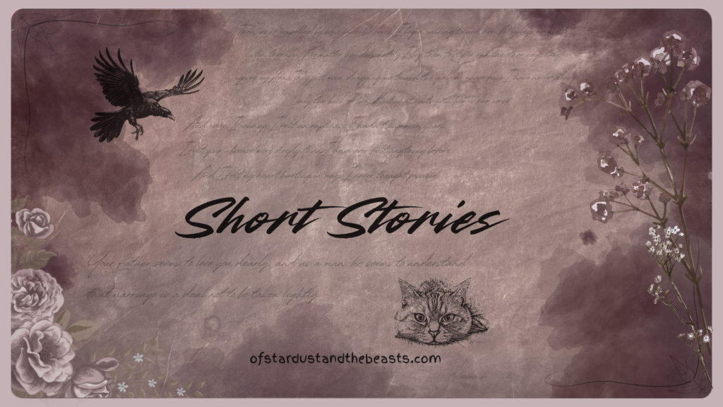 Muted mauve vintage artwork for the Short Stories collection, featuring a raven, faded handwritten manuscript text, delicate flowers, and a textured Victorian-inspired background.