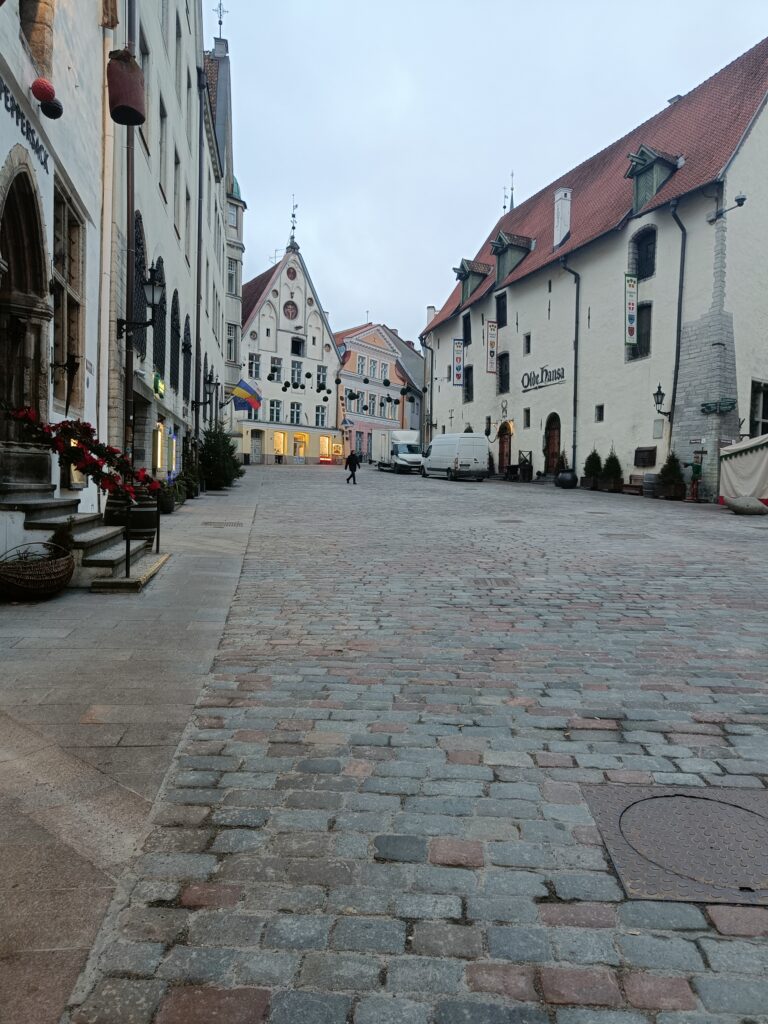 View of Tallinn's Town Hall Square on a quiet afternoon, with cobblestone streets and historic medieval buildings lining the square.