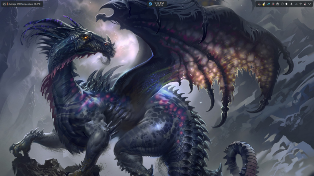 Fedora KDE desktop with a dark fantasy dragon wallpaper, showing a black dragon in a misty landscape, a small CPU temperature monitor, clock and system tray  at the top of the screen.